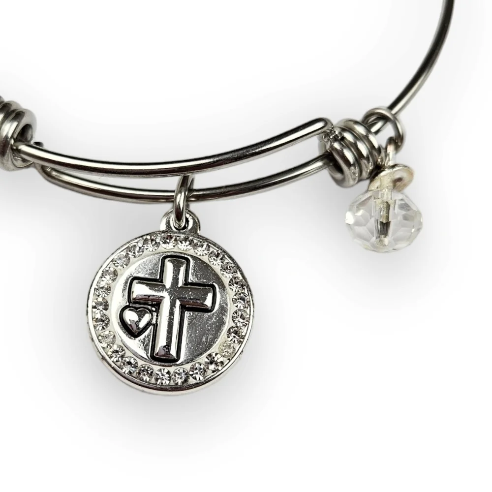 Christian Charm Bangle Bracelet Rhinestone Cross Faith Hope Love Silver Tone